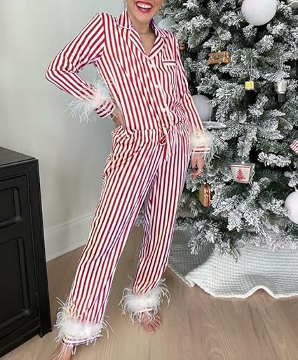 Piżama satynowa w paski z piórami - Pernille