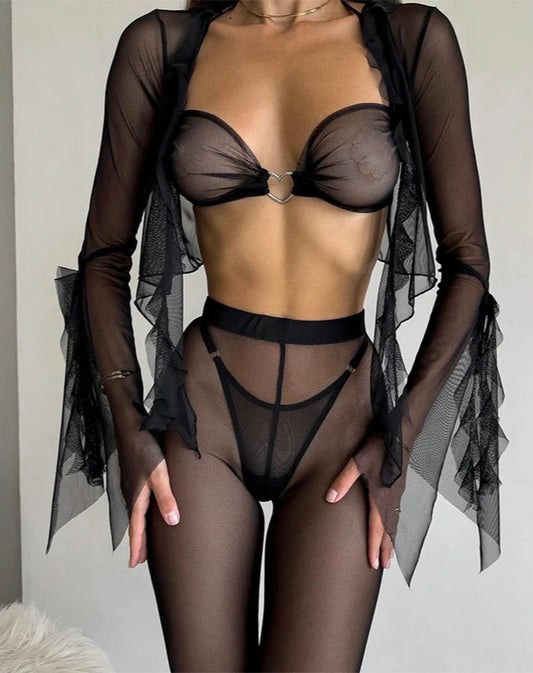 Zestaw z Przezroczystej Siateczki z Długimi Spodniami i Falbanami