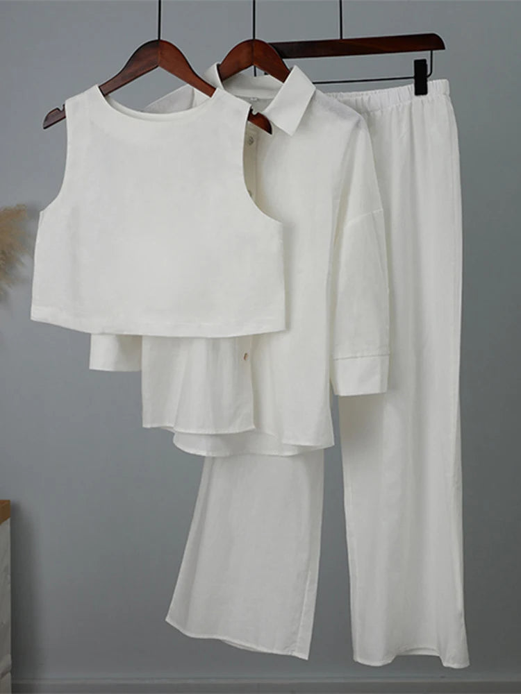 Sleepwear Women Cotton Linen Three Piece Set Casual Shirt Top + O-neck Crop Tank + Wide Leg Pants Suit Summer Loose Outfits - Pernille