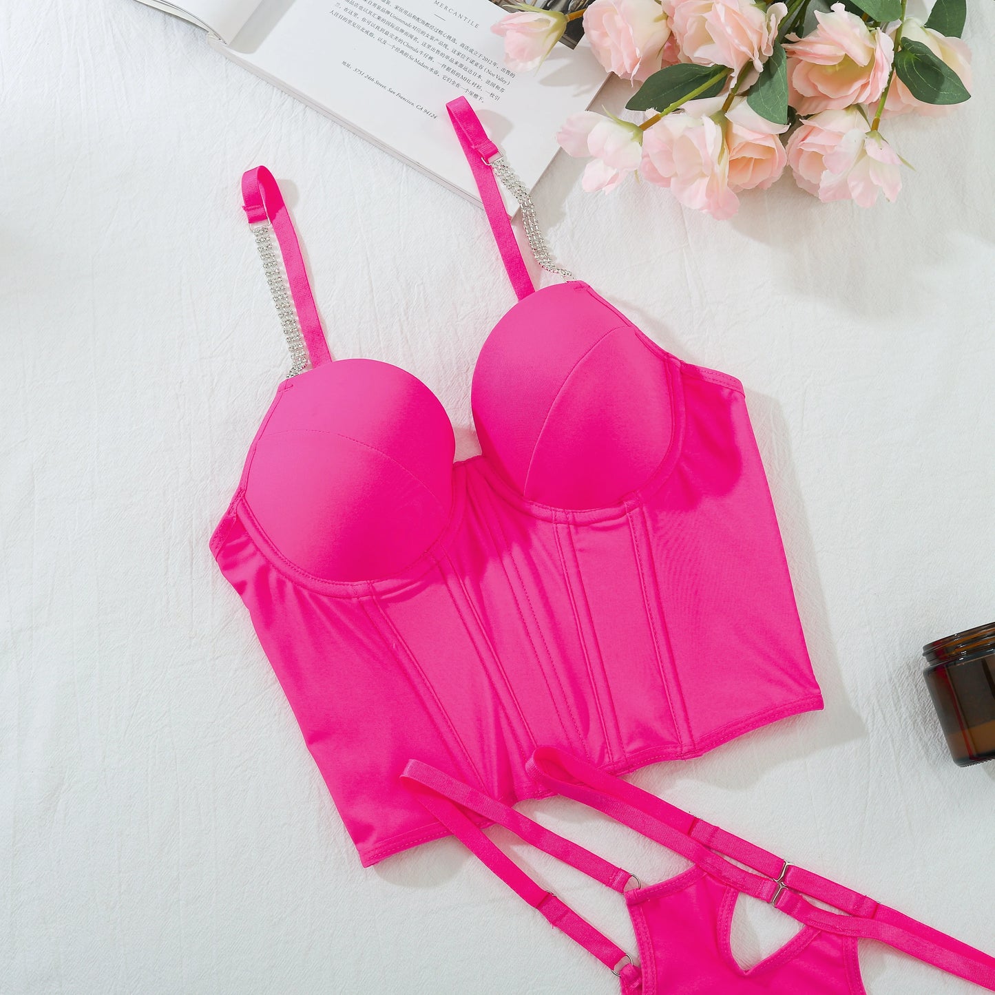 MUZISKAT 2024 Womens Sexy Tight Bra Top Lace Up Off Shoulder Retro Sleeveless Tank Top Party Strap Top+Underwear Set - Pernille