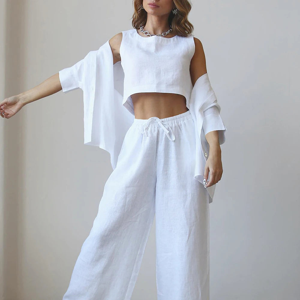 Sleepwear Women Cotton Linen Three Piece Set Casual Shirt Top + O-neck Crop Tank + Wide Leg Pants Suit Summer Loose Outfits - Pernille