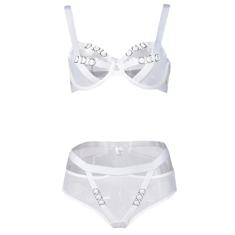 Komplet bielizny z ozdobnymi paskami i siateczką