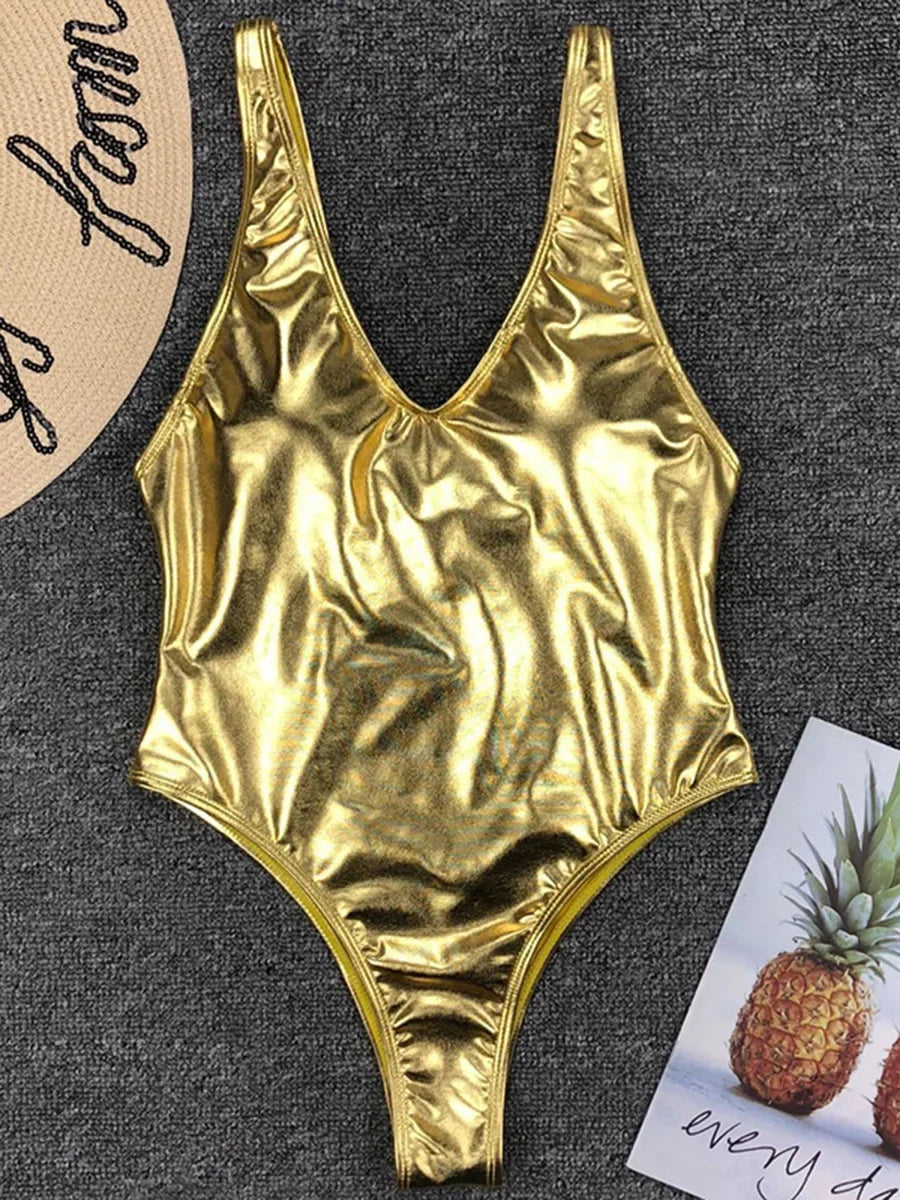 Sexy Shiny PU Leather Bikini Women 2025 Bikinis Bling Swimwear One Piece Swimsuit Female Monokini Bather Bathing Suit Swim Lady - Pernille