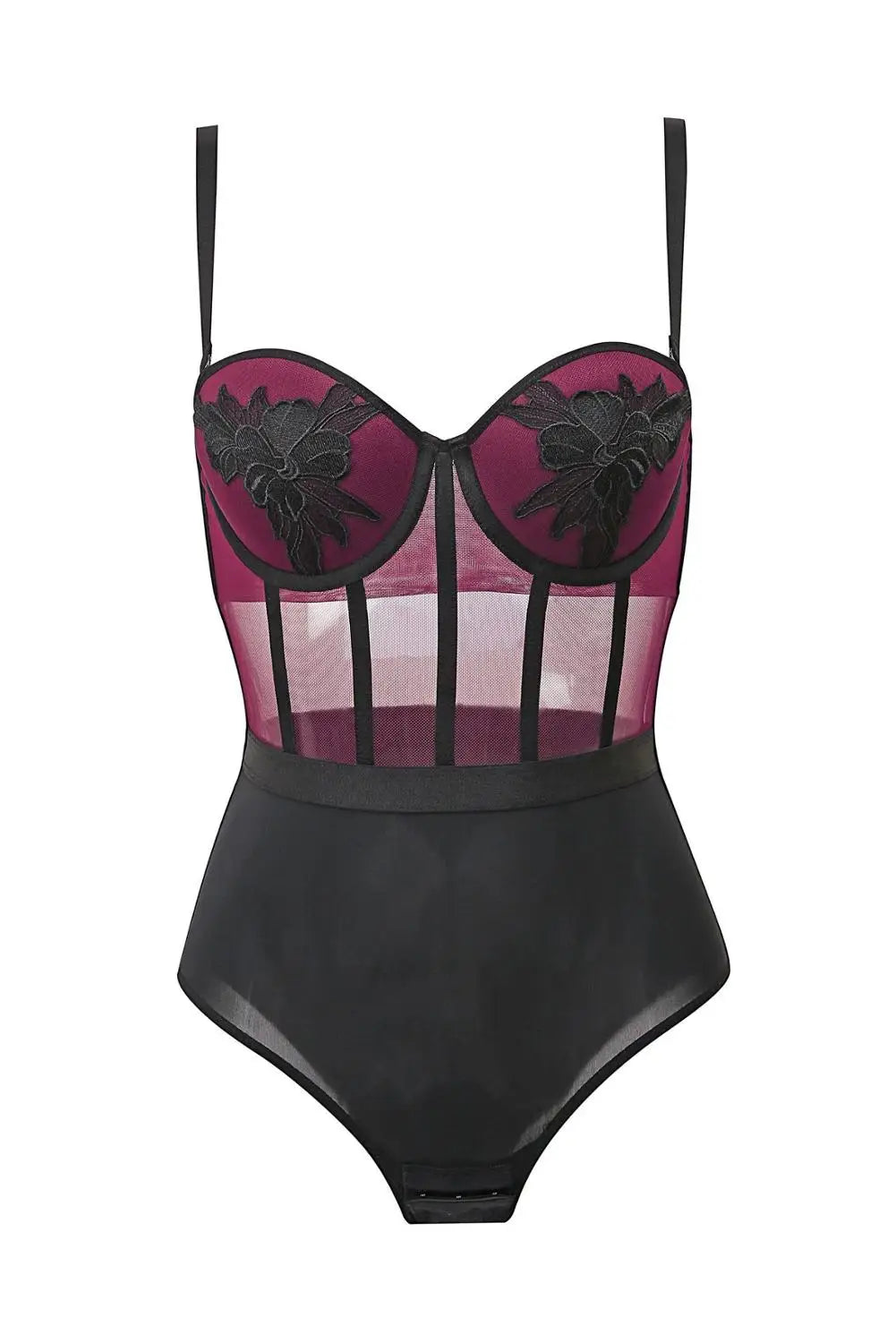 Body damskie z haftem kwiatowym i prześwitującą siateczką od Pernille – eleganckie body koronkowe w kolorze nude i czarnym, bielizna damska premium