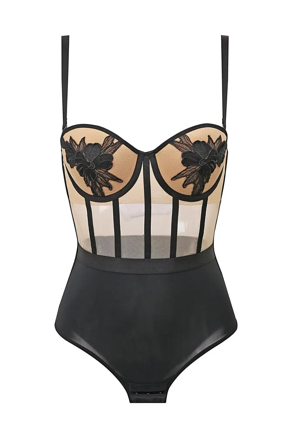 Body damskie z haftem kwiatowym i prześwitującą siateczką od Pernille – eleganckie body koronkowe w kolorze nude i czarnym, bielizna damska premium
