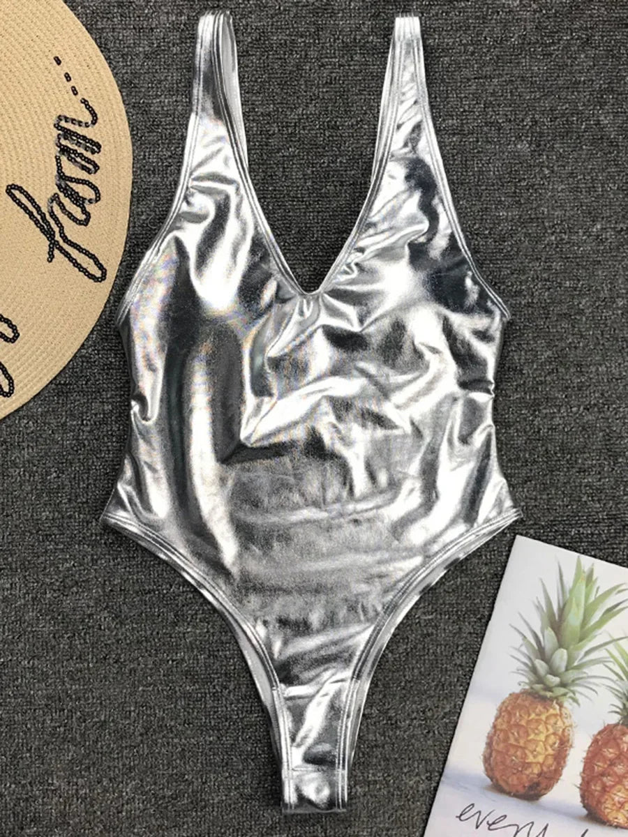 Sexy Shiny PU Leather Bikini Women 2025 Bikinis Bling Swimwear One Piece Swimsuit Female Monokini Bather Bathing Suit Swim Lady - Pernille