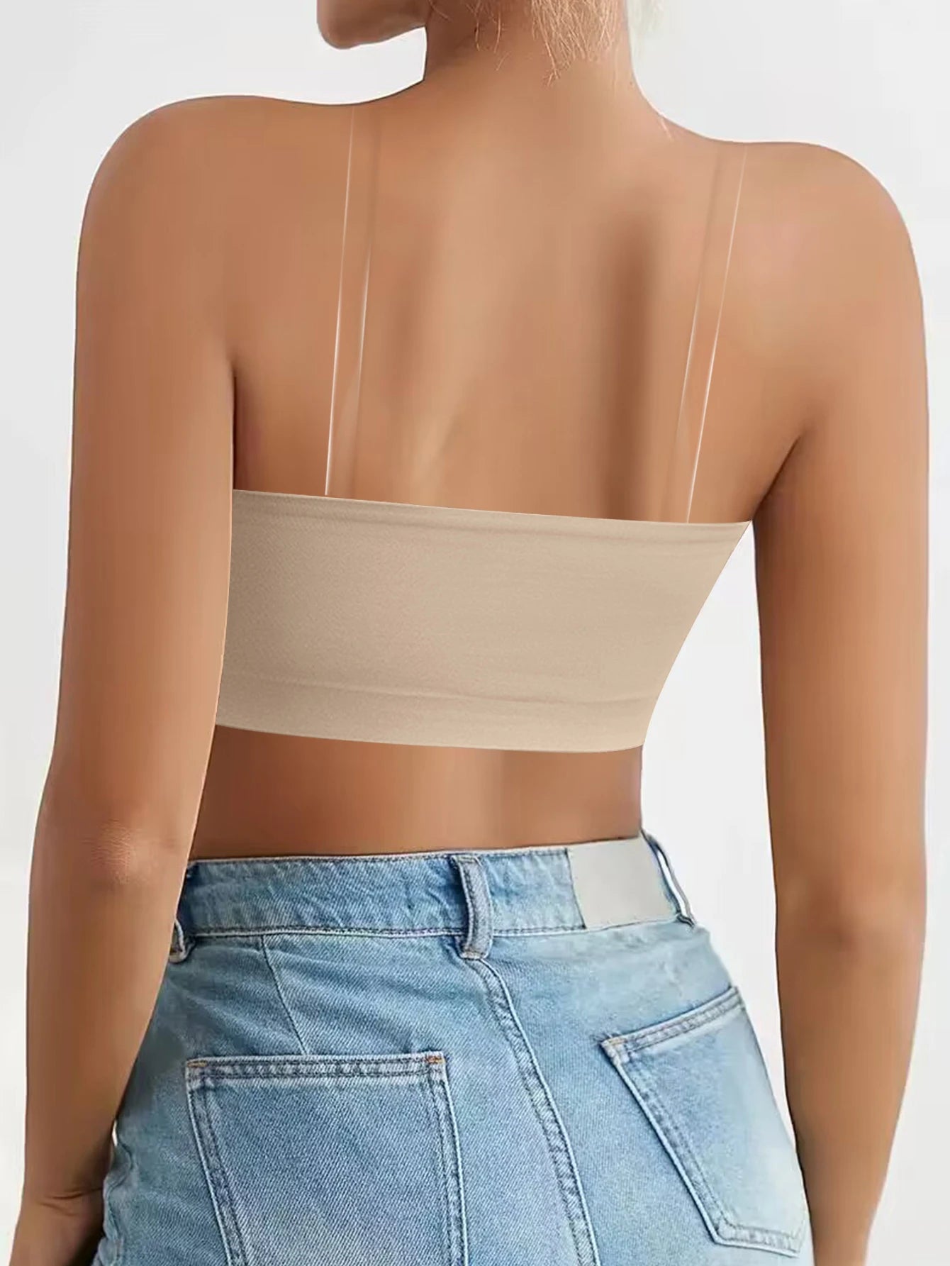 Varsbaby Women Unlined Seamless Bra with Breast Petals Transparent Straps Breathable Tube Strapless Brassiere Underwear Tops - Pernille