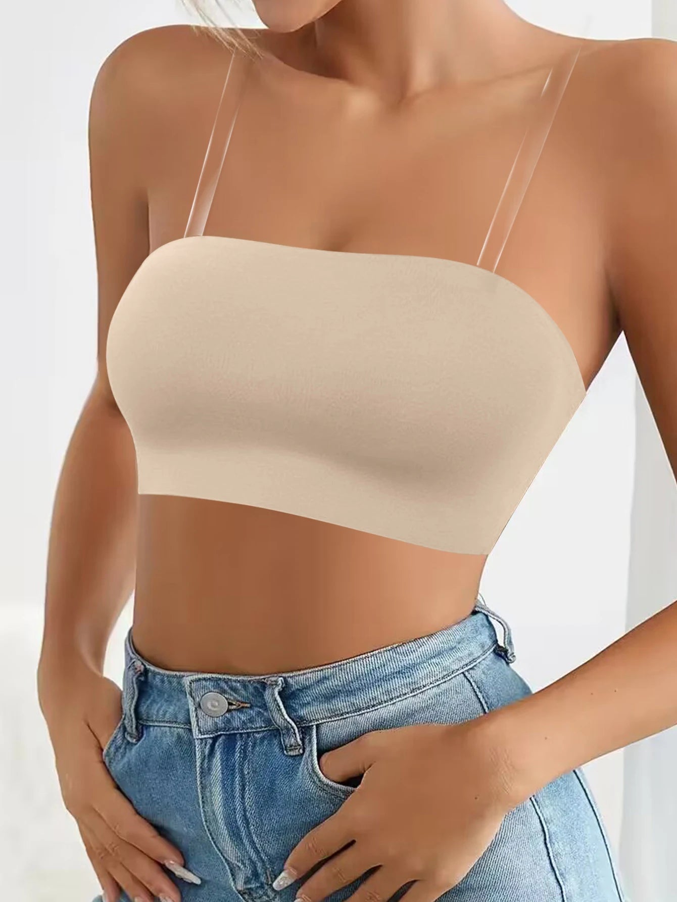 Varsbaby Women Unlined Seamless Bra with Breast Petals Transparent Straps Breathable Tube Strapless Brassiere Underwear Tops - Pernille