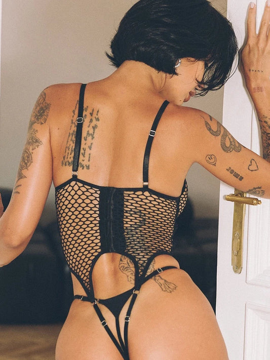 Sexy Fishnet Jumpsuit Women Harajuku Streetwear Mall Goth See Through Bodysuit Nightclub Hollow Out Emo Rompers - Pernille