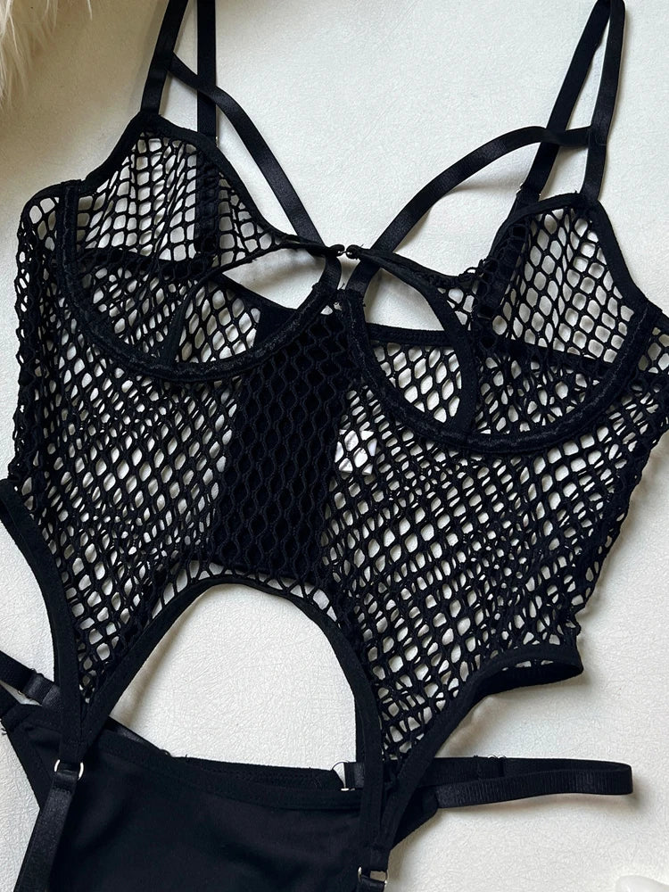 Sexy Fishnet Jumpsuit Women Harajuku Streetwear Mall Goth See Through Bodysuit Nightclub Hollow Out Emo Rompers - Pernille