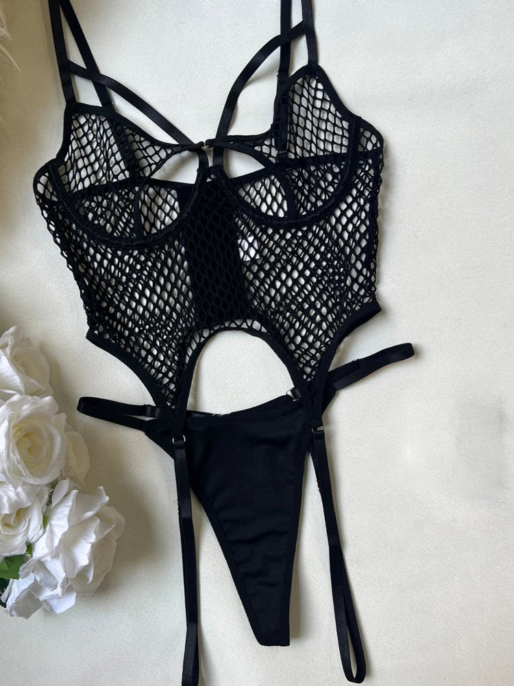 Sexy Fishnet Jumpsuit Women Harajuku Streetwear Mall Goth See Through Bodysuit Nightclub Hollow Out Emo Rompers - Pernille