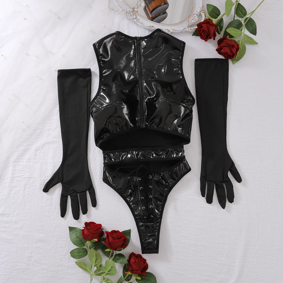 MUZISKAT 2024 Women's Shiny Leather Zipper Open Chest Tight Gloves Latex Tight Set Rock Steel Pipe Dance jumpsuit - Pernille