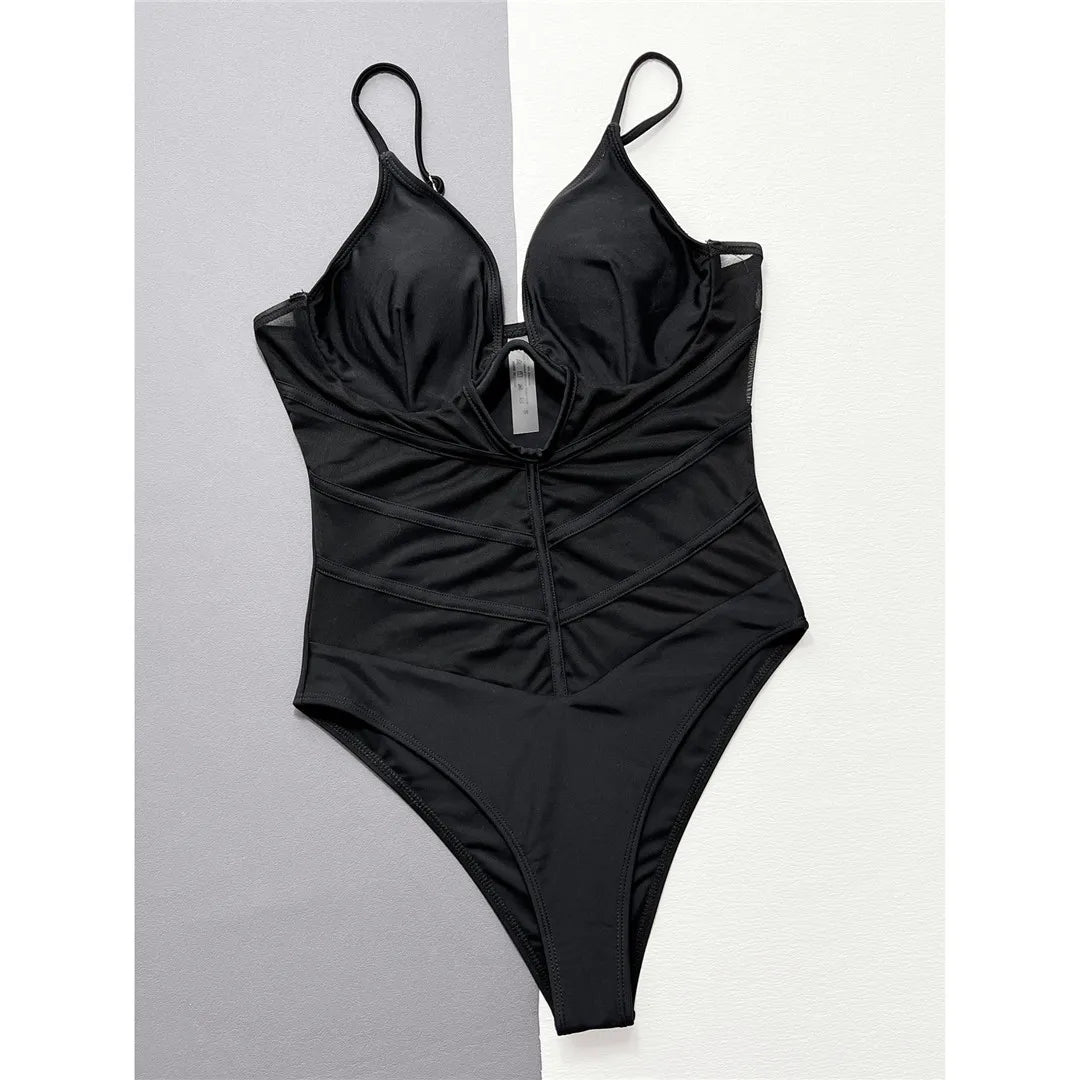 V Neck Mesh Sheer Underwired V-bar One Piece Swimsuit Women Swimwear Female See Through High Cut Bather Bathing Suit Swim V5413 - Pernille