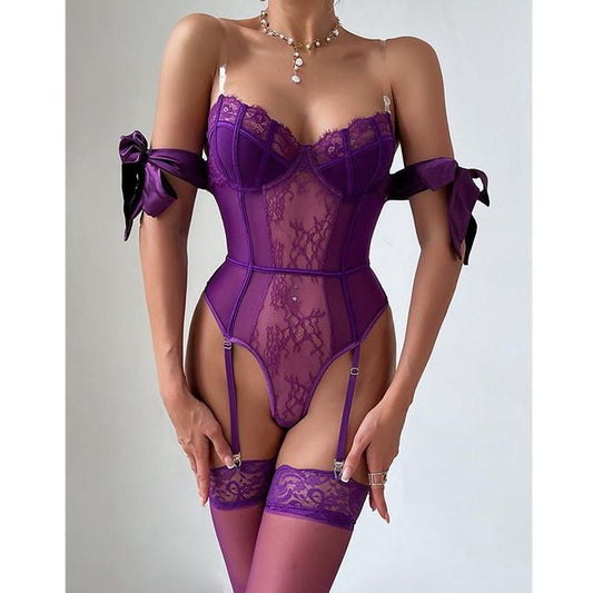 Fioletowe Koronkowe Body z Pończochami - Pernille