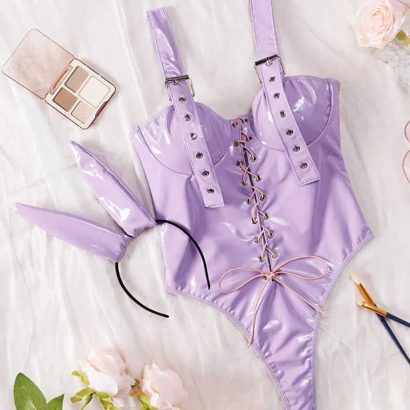 Toucheart Bunny Girl Sexy Lingerie For Women PU Leather High Waist Strap Sexy Bunny Girl Jumpsuit Female Erotic Underwear New - Pernille