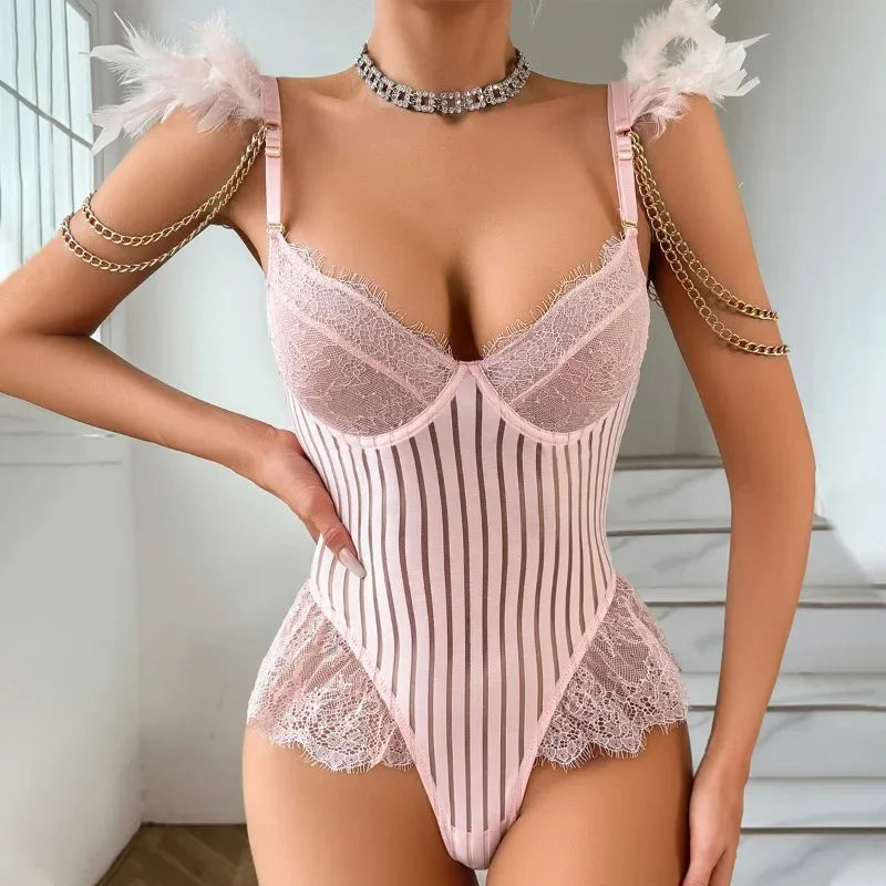 CHUANGERM Feather Lingerie One Piece Elegant Chic Woman Bodysuit Sexy Underwear Exotic Party Outfit See Through Cloth with Chain - Pernille