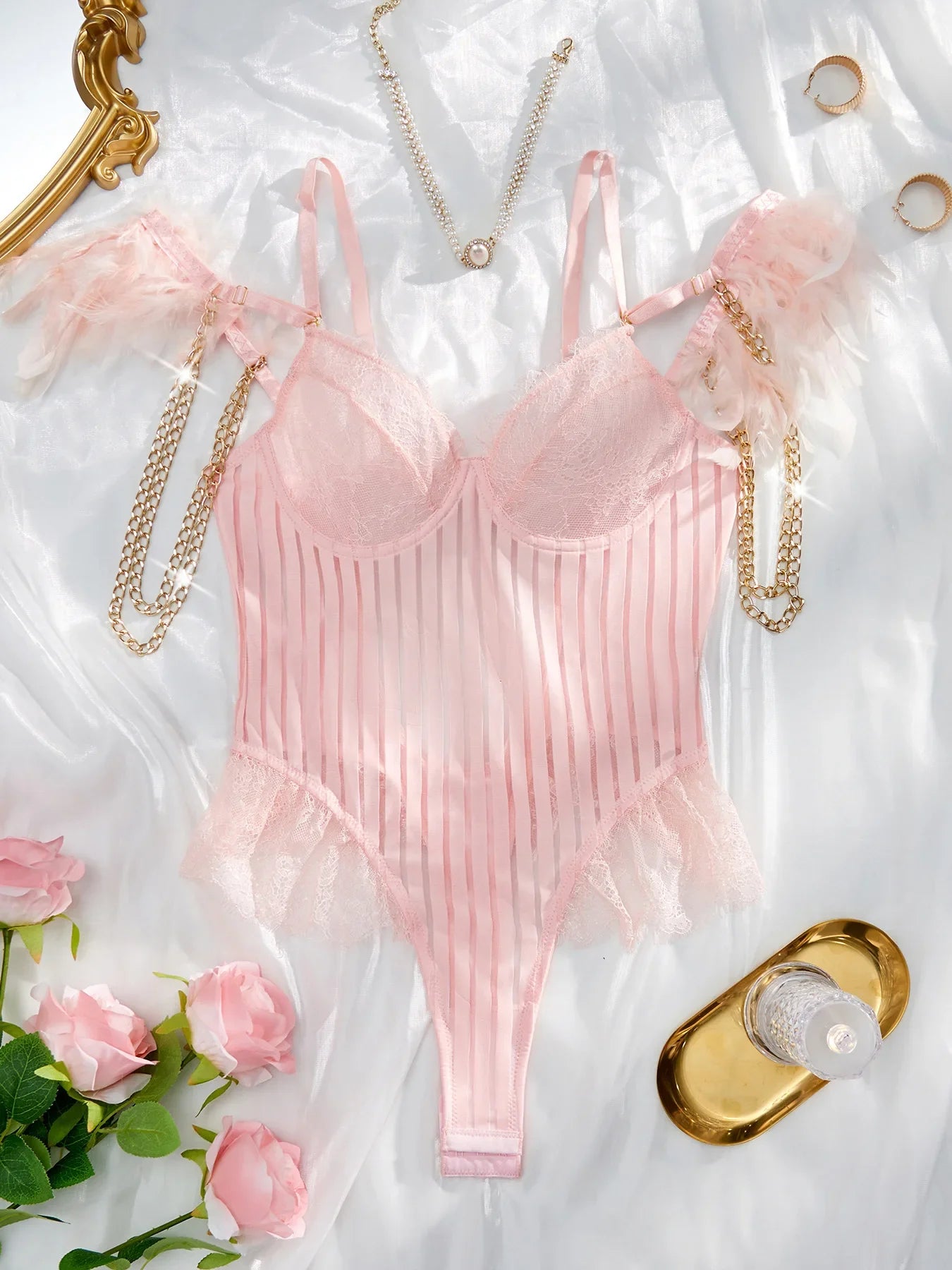 CHUANGERM Feather Lingerie One Piece Elegant Chic Woman Bodysuit Sexy Underwear Exotic Party Outfit See Through Cloth with Chain - Pernille