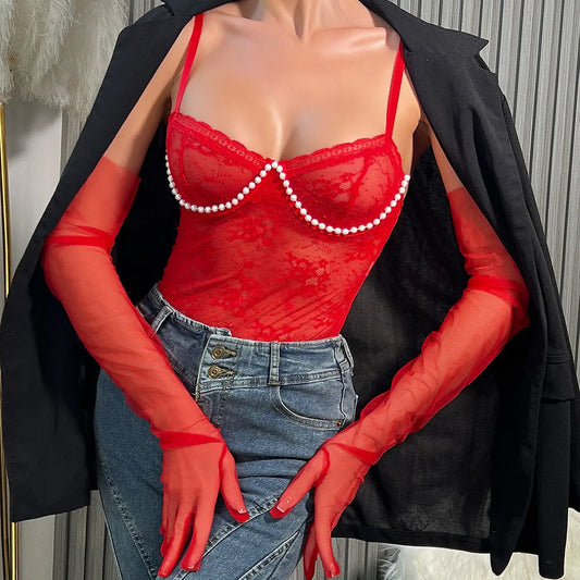 CHUANGERM Women Sexy Transparent Combination Bodysuits Fashion One Piece Catsuit Lingerie Ins Bodycon Slim Floral Strappy Romper - Pernille