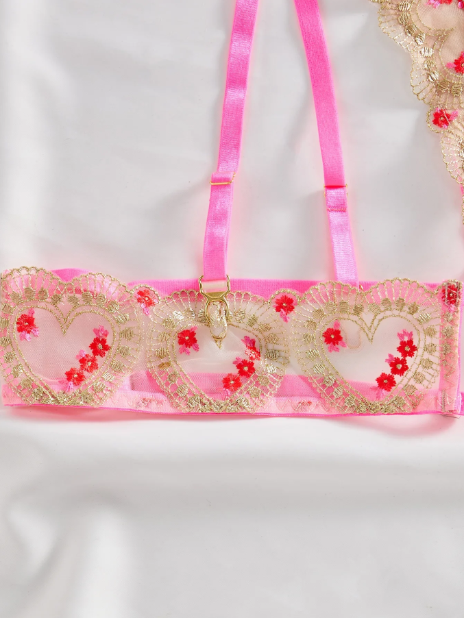 Komplet bielizny z koronką i haftem w serca - Pernille