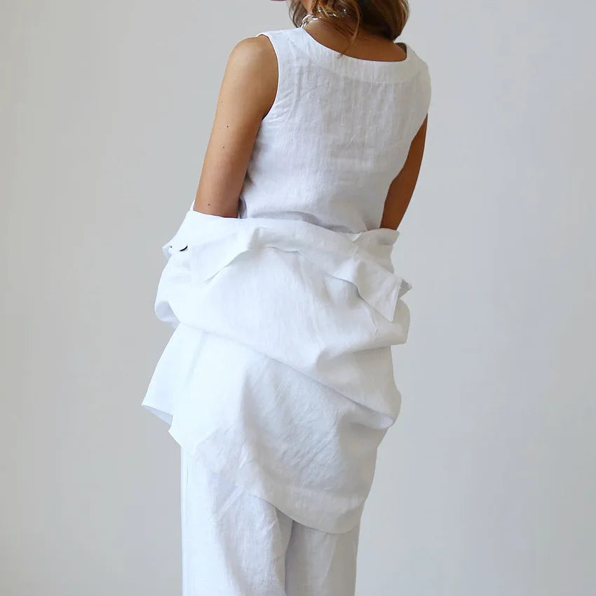 Sleepwear Women Cotton Linen Three Piece Set Casual Shirt Top + O-neck Crop Tank + Wide Leg Pants Suit Summer Loose Outfits - Pernille