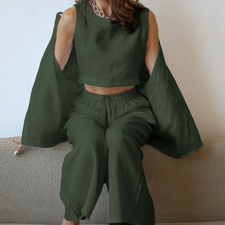 Sleepwear Women Cotton Linen Three Piece Set Casual Shirt Top + O-neck Crop Tank + Wide Leg Pants Suit Summer Loose Outfits - Pernille