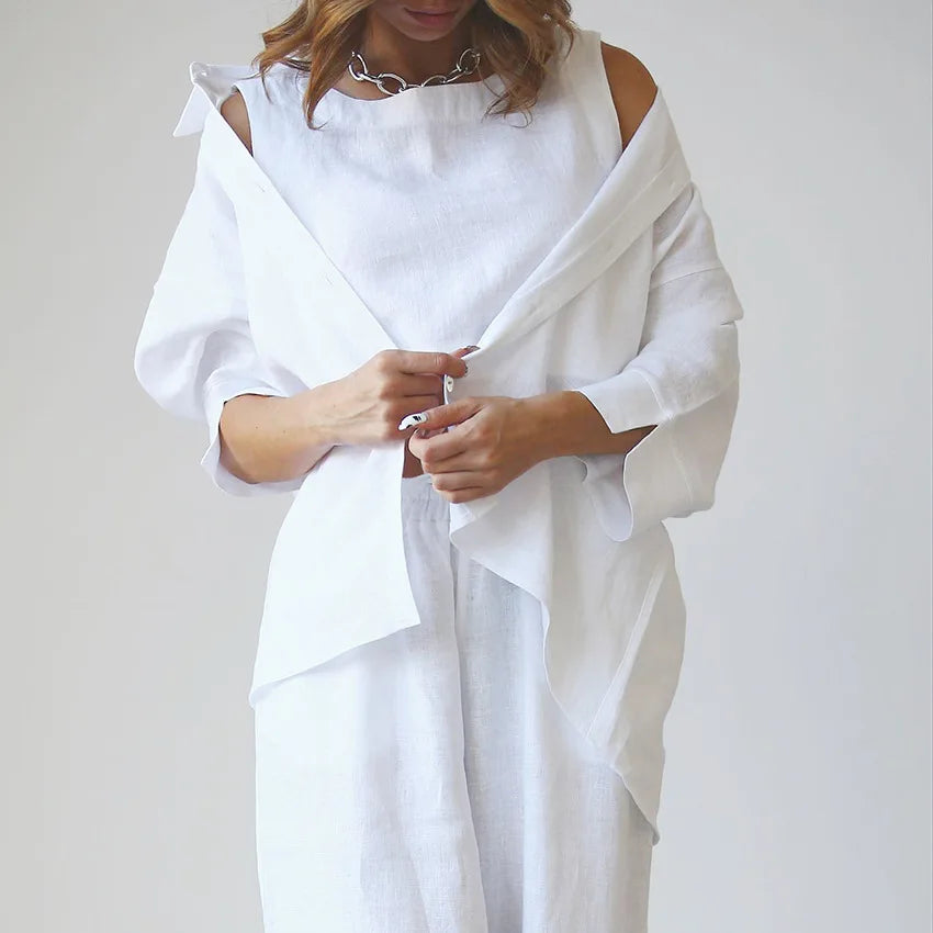 Sleepwear Women Cotton Linen Three Piece Set Casual Shirt Top + O-neck Crop Tank + Wide Leg Pants Suit Summer Loose Outfits - Pernille