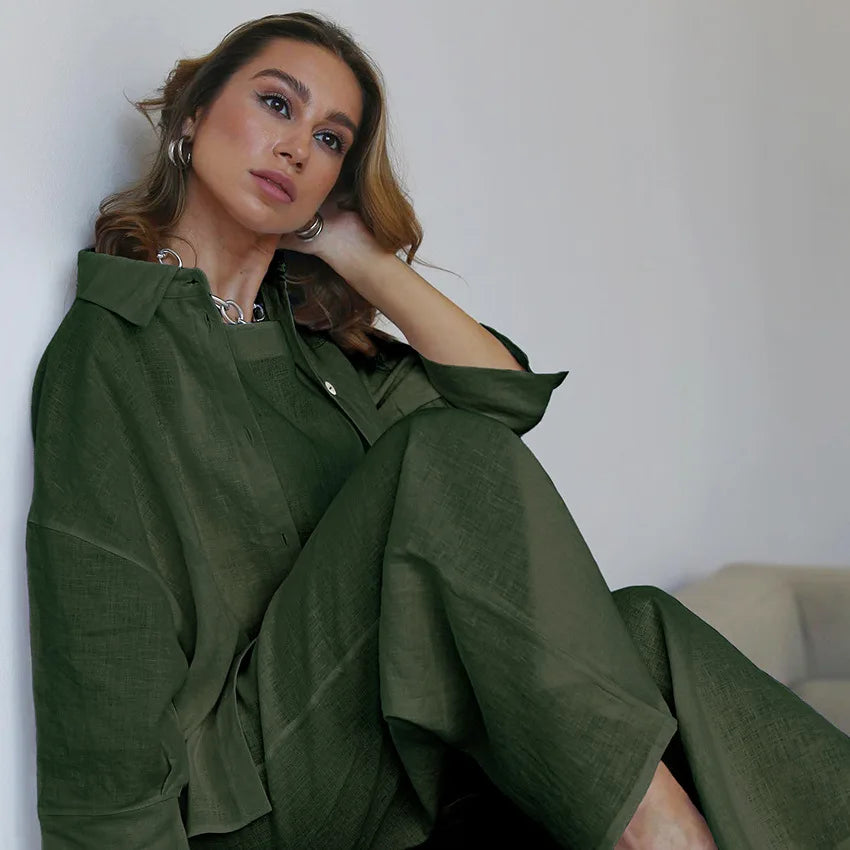 Sleepwear Women Cotton Linen Three Piece Set Casual Shirt Top + O-neck Crop Tank + Wide Leg Pants Suit Summer Loose Outfits - Pernille