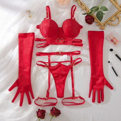 MUZISKAT Fashion Explosion Hollowed Out Erotic Bra Set Gathered Passionate Sexy Exotic Women's Luxury Lingerie five-piece Set - Pernille