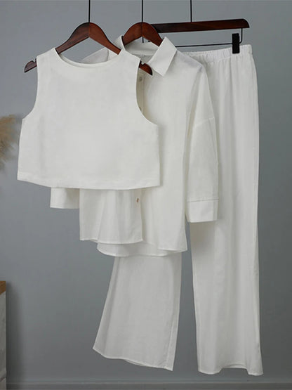 Sleepwear Women Cotton Linen Three Piece Set Casual Shirt Top + O-neck Crop Tank + Wide Leg Pants Suit Summer Loose Outfits - Pernille