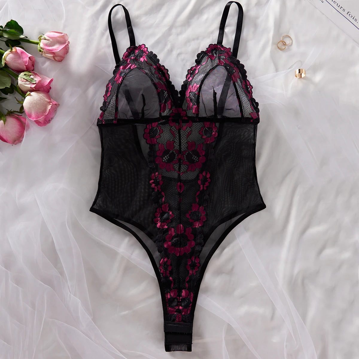 MUZISKAT 2024 New Women's Mesh Embroidered Lace Splicing V-Neck Hollow Sexy Backless Erotic Jumpsuit Onlyfans - Pernille