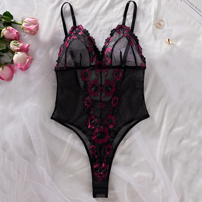 MUZISKAT 2024 New Women's Mesh Embroidered Lace Splicing V-Neck Hollow Sexy Backless Erotic Jumpsuit Onlyfans - Pernille