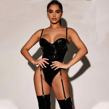 Toucheart Sexy Sexy Lingerie For Women Patent Leather Suspender Bodysuit Solid Color Plunge Garter Belt Sexy Underwear Suit New - Pernille