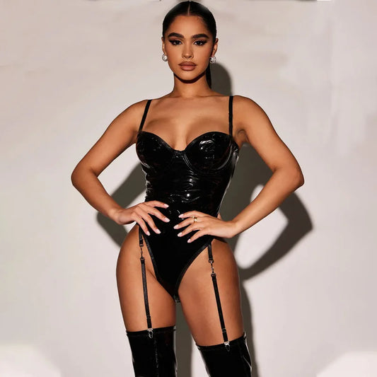 Toucheart Sexy Sexy Lingerie For Women Patent Leather Suspender Bodysuit Solid Color Plunge Garter Belt Sexy Underwear Suit New - Pernille
