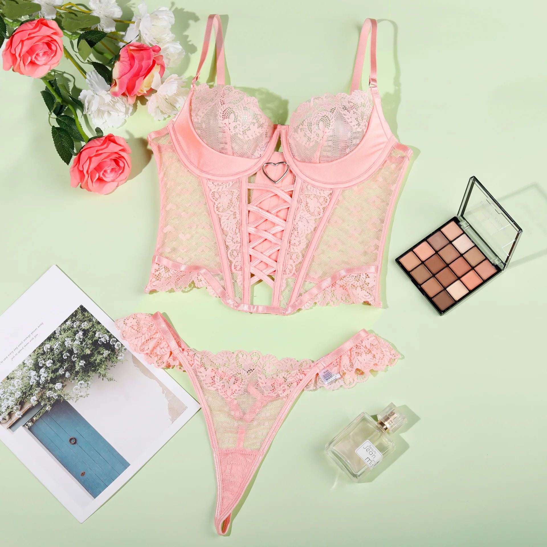Ellolace Valentine Lingerie Love Heart Lace Exotic Sets Lace Up Outfit Sweet Girl Ruffled G-String Thongs Matching Underwear - Pernille