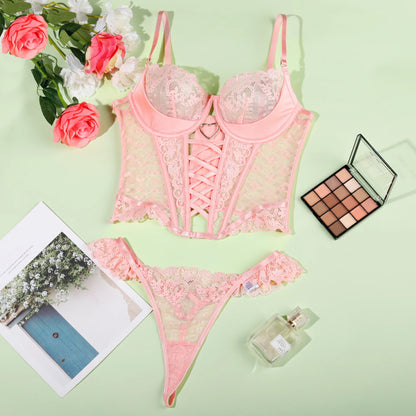 Ellolace Valentine Lingerie Love Heart Lace Exotic Sets Lace Up Outfit Sweet Girl Ruffled G-String Thongs Matching Underwear - Pernille