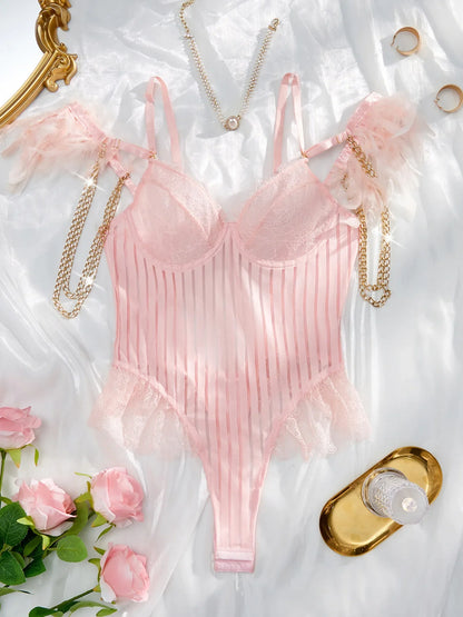 CHUANGERM Feather Lingerie One Piece Elegant Chic Woman Bodysuit Sexy Underwear Exotic Party Outfit See Through Cloth with Chain - Pernille