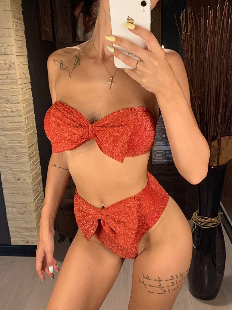Sexy Bow Bandeau Glitter High Waist Bikini Female Swimsuit Women Swimwear Two-piece Bikini set Bather Bathing Suit Swim V2172M - Pernille