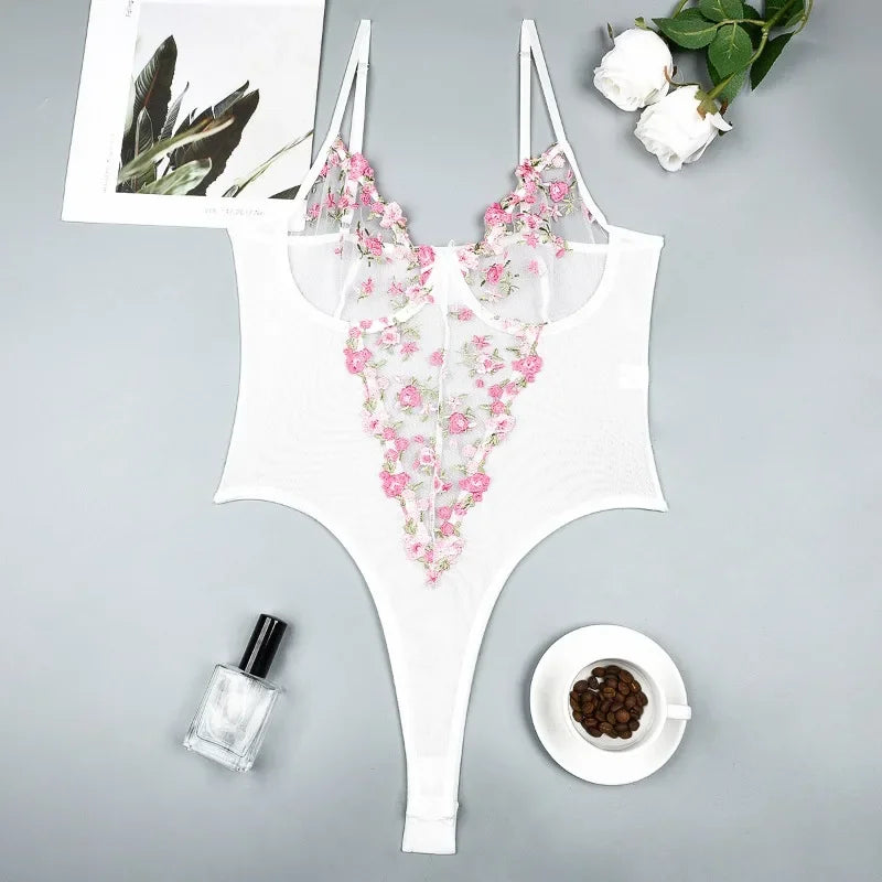 Toucheart Sexy Lingerie Embroidered Suspender Sexy Perspective Bodysuit Women Suspender Bodysuit Bow Knot Lace Up Sexy Underwear - Pernille